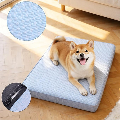Cooling Dog Beds for Dogs, Orthopedic Memory Foam Dog Bed，Washable Pet Beds for Crate with Faux Fur Cover, Waterproof Lining, (Large: 35" x 22" x 3", Cooling Surface)