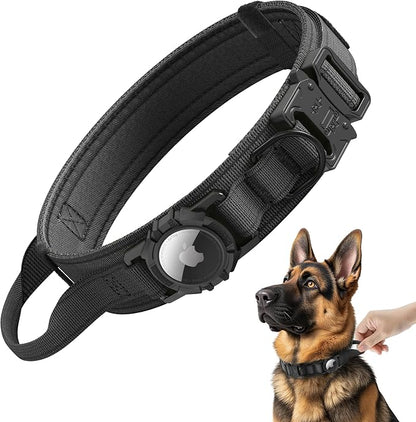 Tactical AirTag Dog Collar - Heavy Duty, Adjustable GPS Collar | Compatible with Apple AirTag, with Holder & Control Handle for Medium/Large Dogs [ Black, XL ]