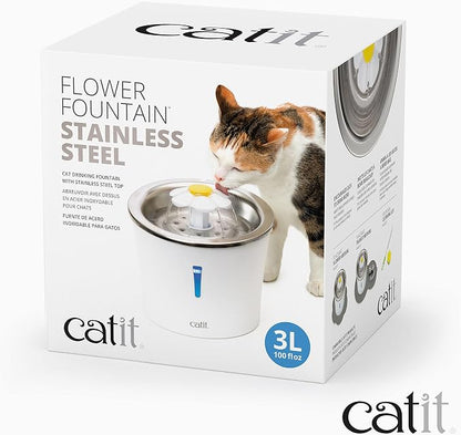 Catit Stainless Steel Flower Fountain with Triple Action Filter, 3 L | Cat Drinking Water Fountain