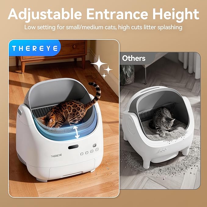 Thereye Self Cleaning Cat Litter Box, Open Top Automatic Litter Box for Multiple Cats, APP Control Smart Litter Box, Safety Sensors and Odor Control, Adjustable Entry Height Anti-Splash