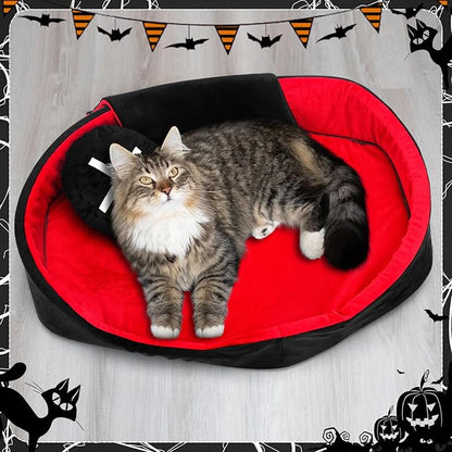 3 Pcs Gothic Cat Bed Set with 19 Inch Washable Coffin Cat Bed Black Tombstone Pillow Red and Black Blanket Gothic Pet Furniture Activity Center for Halloween