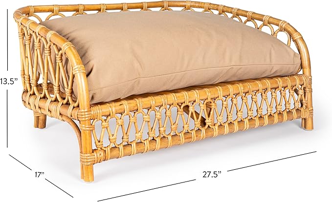 DBD1005A Elevated 27.5" x 17" Bohemian Handwoven Rattan Dog Daybed with Machine-Washable Cushion, Natural