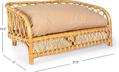 DBD1005A Elevated 27.5" x 17" Bohemian Handwoven Rattan Dog Daybed with Machine-Washable Cushion, Natural