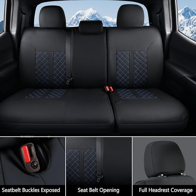 Truckiipa Seat Covers for Tacoma Full Set Leather Truck Seat Covers Waterproof Car Seat Cover Cushion Custom Fit for 2005-2015 Toyota Tacoma Double Crew Cab, Full Set, Black&Blue