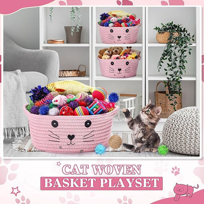 Zopeal 58 Pcs Easter Cat Storage Basket Gift Toys Set, Colorful Flashing Balls Pet Bell Crinkle Balls Spring Toys Attract Cat to Swat, Hunt, Interactive for Pet(Pink,9.8 Inch)