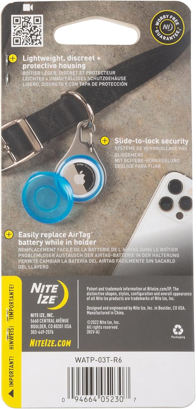 Nite Ize WearAbout Pet Clippable Tracker Holder, Apple AirTag Holder With Locking Carabiner For Pets, Blue