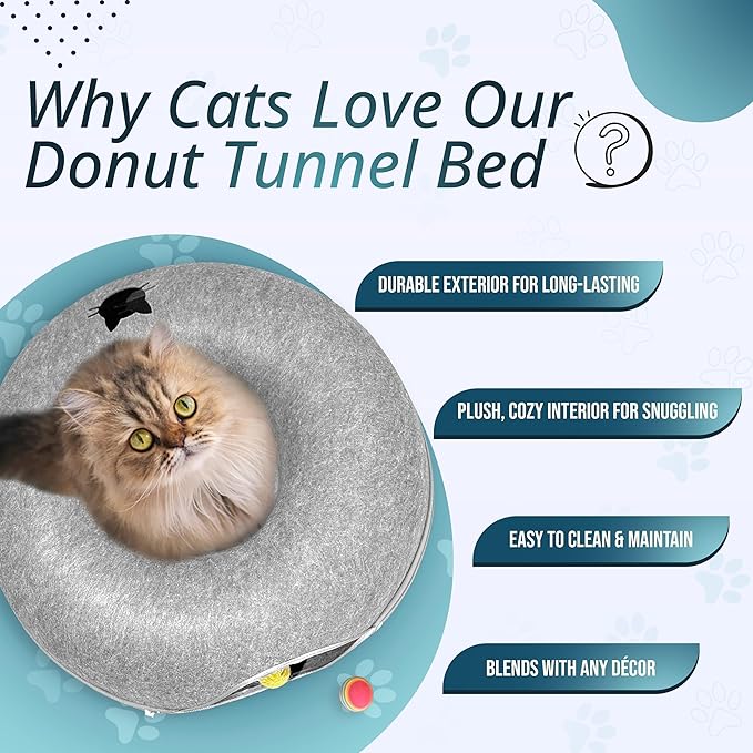 MEOWMATES Peekaboo Cat Tunnel Bed with Hanging Ball Toy – Large Cat Tunnels for Indoor Cats up to 30lbs – Round Cat's cave Bed with Scratch-Resistant, Easy to Wash & Cozy Design (24x24x11)