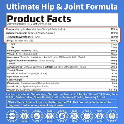 Senior Advanced Joint Supplement for Dogs – 17-in-1 Glucosamine for Dogs with Chondroitin – Hip & Joint Pain Relief Pills – Mobility Support Chews – Large & Small Breeds - Chicken Flavor – 90Ct