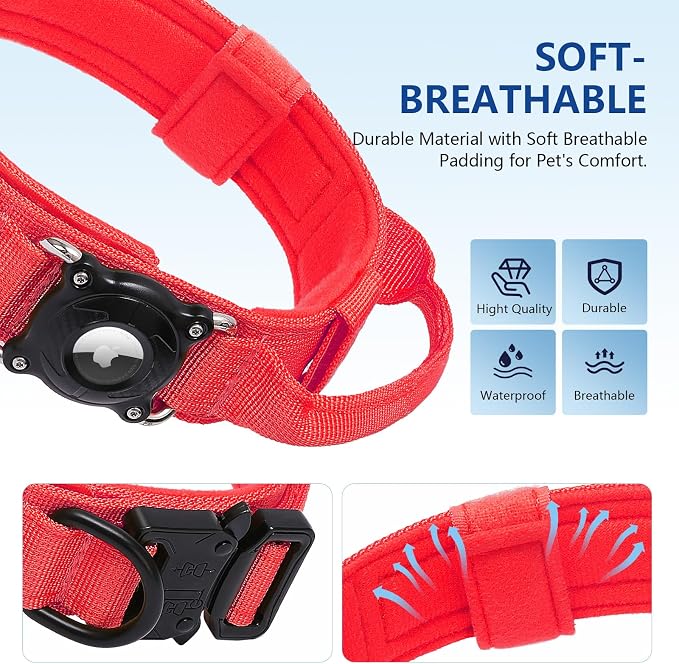 Tactical AirTag Dog Collar Waterproof with QR ID Tag, Military Training Dog Collar with Built-in AirTag Holder, Strong Metal Buckle & Control Handle, GPS Tracking Collar for Medium Dogs (Red, M)