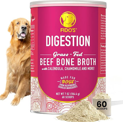Fido's Digestion Bone Broth for Dogs - Grass-Fed Beef Bone Broth Powder & Organic Herbs - Supports Digestion & Gut Health - Dog Food Topper for Dry Food - 60 Scoops