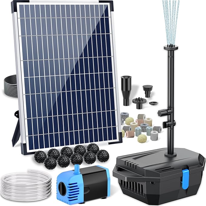 Pond Filter with 12W Solar Fountain Pump, Solar Pond Filter with 160GPH Pump & Fountain Kit, Outdoor Filter Box with 6.6FT PVC Tubing, Perfect for Ponds Clean, Clear, and Add Water Features