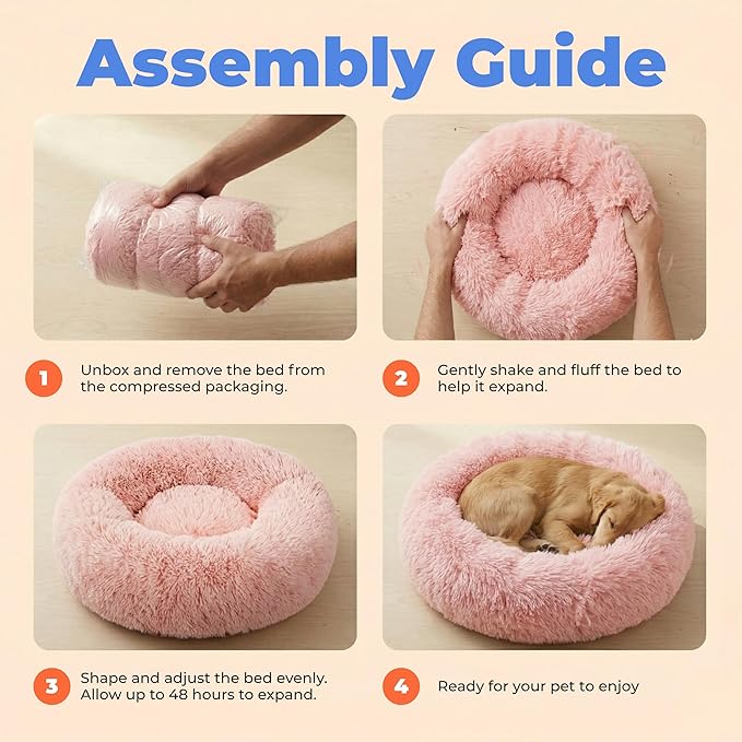 Best Pet Supplies Round Calming Dog Bed for Small, Medium & Large Dogs, Plush Donut Cuddler Pet Bed w/Raised Rim for Head, Neck Support, Anti-Slip Bottom Washable Bed - Pink, 30 x 30 x 8