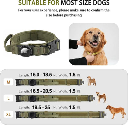 Tactical AirTag Dog Collar Leash Set - Heavy Duty, Adjustable GPS Collar | Compatible with Apple AirTag, with Holder & Control Handle for Medium/Large Dogs [Green, XL]