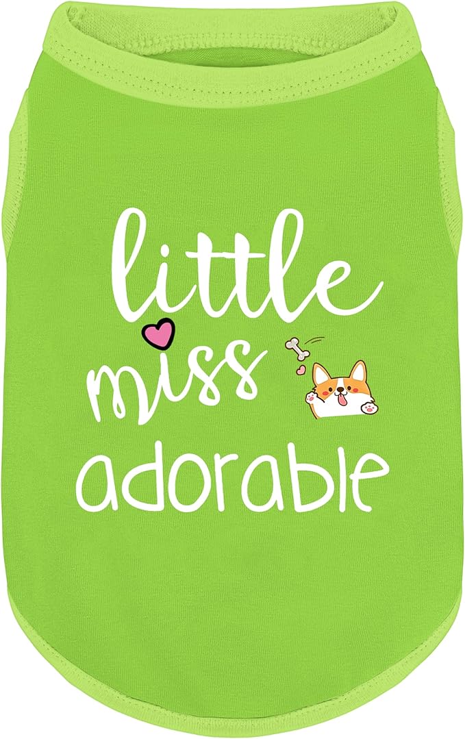 Cotton Dog Shirt with 'Little Miss Adorable' Corgi Head Print, Soft & Breathable Pet Apparel for Small, Medium, and Large Dogs, All-Season Sleeveless Vest, Cute and Comfortable Dog Outfit.Green 4XL