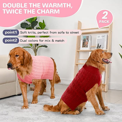 2 Pack Dog Sweaters for Large Dogs Winter Turtleneck Pullover Cable Knit Fleece Stretch Pitbull Labrador Golden Retriever Doberman Bulldog Boy Girl Pet Clothes (XXL, Pink & Red)
