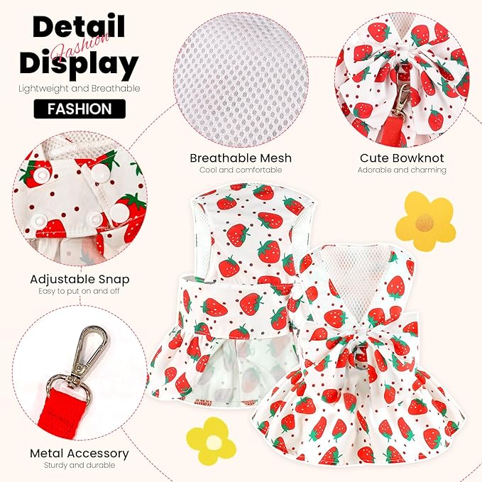 ABRRLO Cute Dog Dress Small Dog Clothes for Girls Female Puppy Outfits Red Strawberry Pet Summer Clothes Bowknot Doggy Cat Princess Dresses Harness for Holiday Birthday Party Costume Clothing (Red,M)