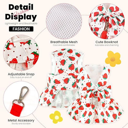 ABRRLO Cute Dog Dress Small Dog Clothes For Girls Female Puppy Outfits Red Strawberry Pet Summer Clothes Bowknot Doggy Cat Princess Dresses Harness for Holiday Birthday Party Costume Clothing (Red,XS)