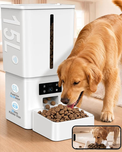 Automatic Dog Feeder Large Breed, 15L/63 Cups Auto Dog Food Dispenser | Anti-Clog Design for 2–23mm Large Kibble, 1080P HD Camera with Night Vision, 5G WiFi Smart App Control for Busy Pet Parents