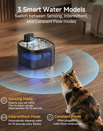 Cat Water Fountain Cordless: Battery Operated 118oz/3.5L Pet Water Fountain for Cats Indoor with Motion Sensor, Cat Drinking Fountains with Stainless Steel Tray, Ultra Quiet, Easy-to-Clean