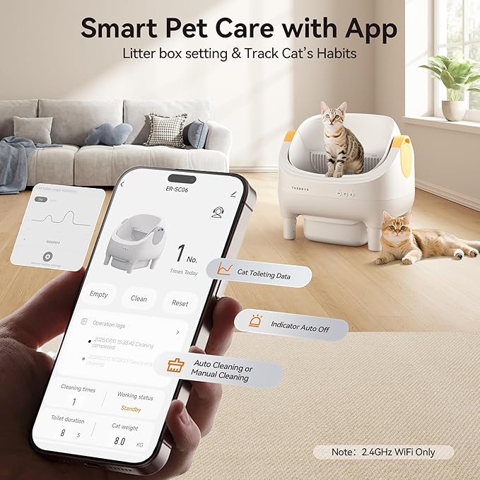 Thereye Automatic Litter Box, Open-Top Self Cleaning Litter Box with APP Control, Safety Sensors and 10L Large Waste Bin, Smart Auto Litter Box with 2 Roll Trash Bags, Mat for Multiple Cats