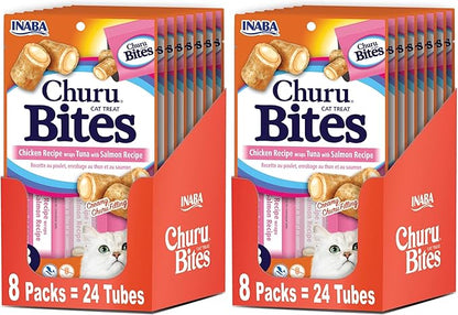 INABA Churu Bites for Cats,Soft Baked Chicken Churu Filled Cat Treats with Vitamin E,0.35 Ounces Each Tube,48 Tubes Total,Tuna with Salmon Recipe, 3 Count (Pack of 16)