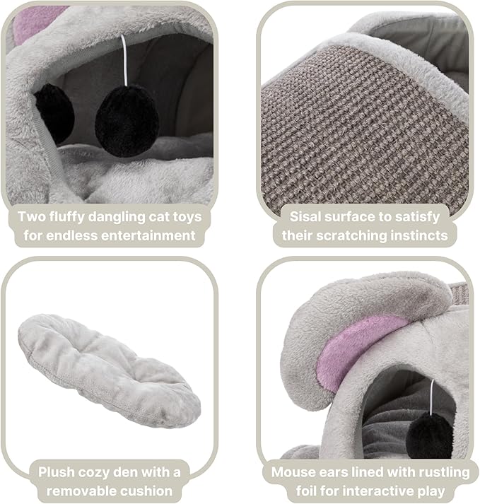 TRIXIE Lukas Cuddly Cave, Plush Mouse Character Cat Condo, Sisal Cat Scratcher, Crinkle Fabric, Padded Bed, Gray