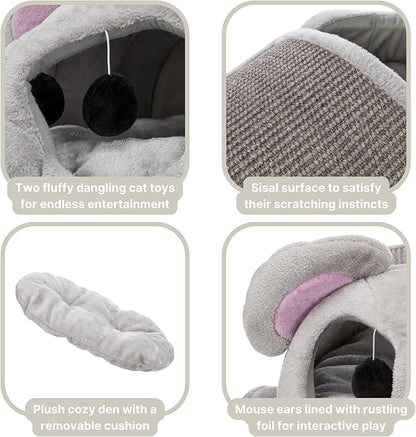 TRIXIE Lukas Cuddly Cave, Plush Mouse Character Cat Condo, Sisal Cat Scratcher, Crinkle Fabric, Padded Bed, Gray