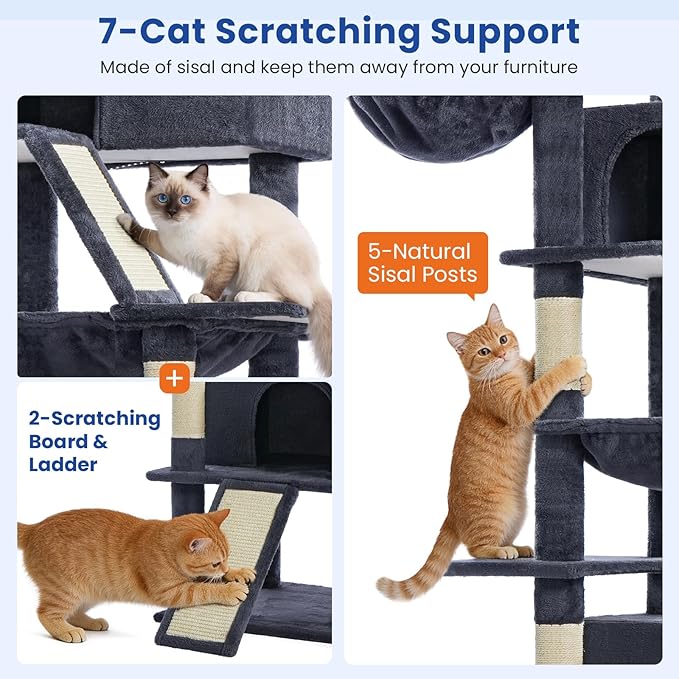 ABCPET Cat Tree 82 in Multi-Level Cat Tower for Indoor Cats, Heavy Duty Large Cat Tree with Sisal Scratching Posts, Hammock, 2 Perches, 2 Condos, 2 Hanging Baskets, Dark Grey