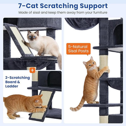 ABCPET Cat Tree 82 in Multi-Level Cat Tower for Indoor Cats, Heavy Duty Large Cat Tree with Sisal Scratching Posts, Hammock, 2 Perches, 2 Condos, 2 Hanging Baskets, Dark Grey