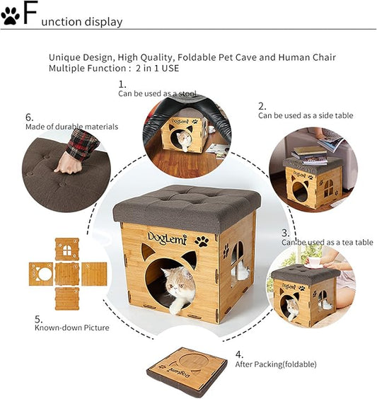 S-Lifeeling Pet Nest Cat Litter Foldable Functional High-Grade Wooden Cushion Pet Cat Small Dog House Bed Mat Cave and House Chair