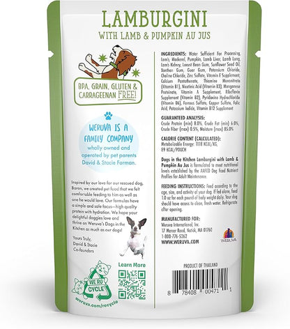 Weruva Dogs in The Kitchen, Lamburgini with Lamb & Pumpkin Au Jus Dog Food, 2.8oz Pouch (Pack of 12), Green