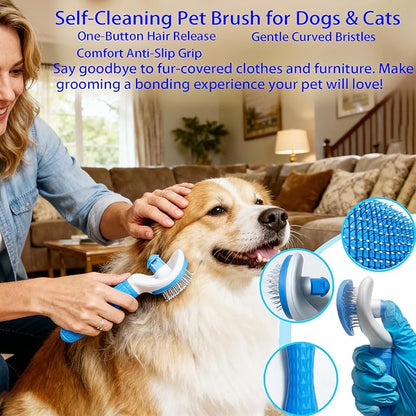 5-in-1 Pet Grooming Kit with Self-Cleaning Slicker Brush for Dogs & Cats, Includes Undercoat Rake, Dematting Comb, Fine-Tooth Flea Comb, and Massage Bath Brush - Complete Grooming Solution