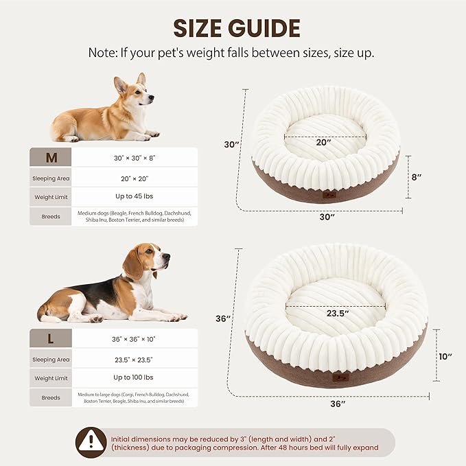 Donut Dog Bed Medium Size Dog 30 Inch, Round Cat Beds for Small Medium Dogs and Cats with Washable Fluffy Faux Fur, Cute Comfort Pet Bed with Anti-Slip Bottom, Cream