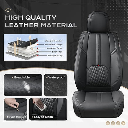 Coverado Car Seat Covers Full Set, Black Seat Cover with Lumbar Support, Luxury Leather Seat Covers for Front and Back, Waterproof Car Seat Protector Car Seat Cushion Universal Fit for Most Vehicles