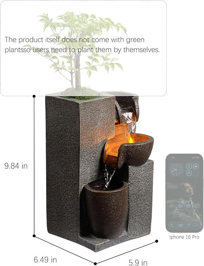 Resin Tabletop Waterfall Fountain with LED Light & Plant Pot, Indoor Desk Water Fountains for Home Office Decor (22028N)
