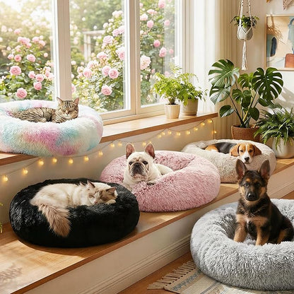 Love's cabin Calming Cat Bed for Indoor Cats,Anti-Anxiety Donut Round Dog Bed,Fluffy Faux Fur Washable Pet Bed for Small Medium Dogs and Cats,Black,20in