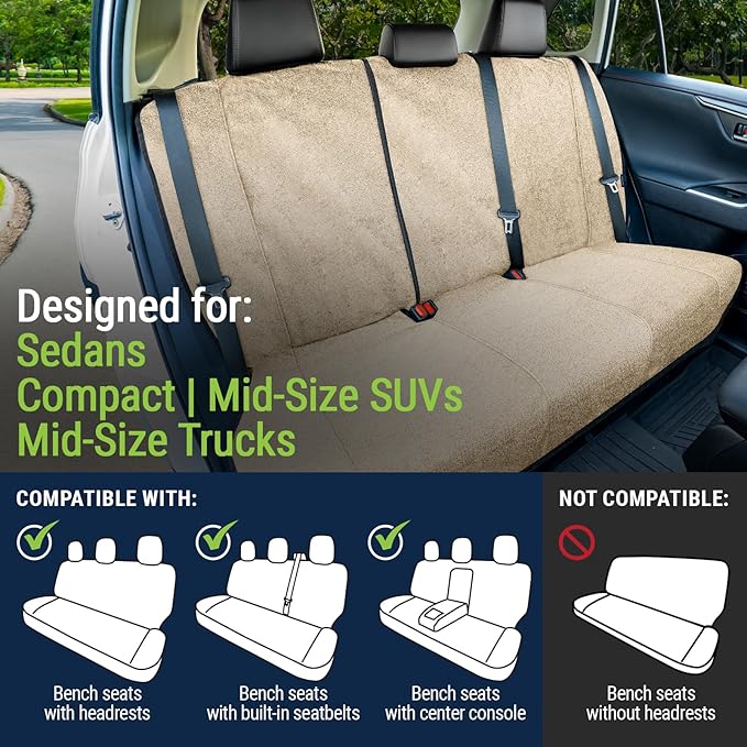 Season Guard Back Seat Towel Seat Cover for Cars; Great for After Gym Workouts, Dogs, and Outdoor Activities; Universal Fit for Cars SUVs Vans Trucks Rear Seats, EZ fit, Non Slip Grip, Tan