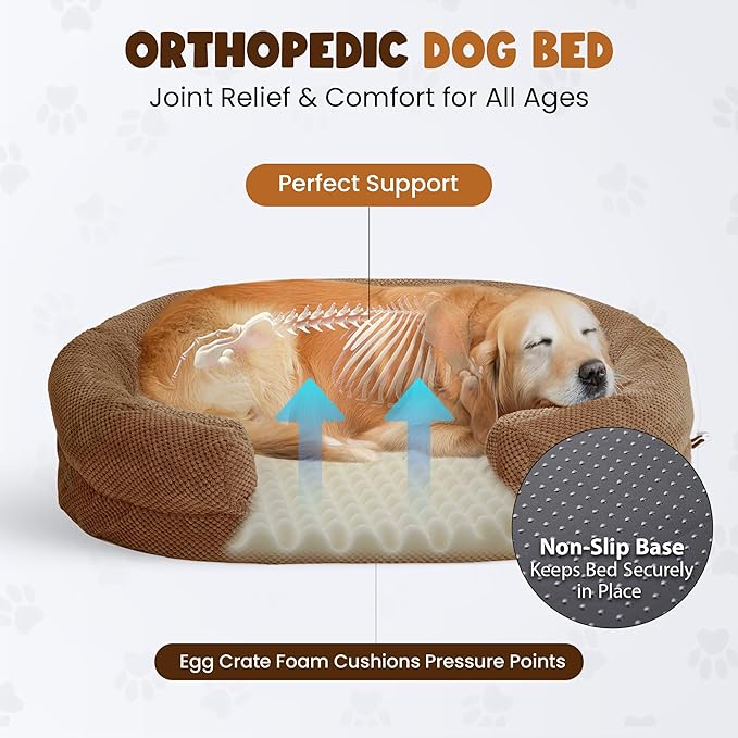 Orthopedic Dog Bed for Extra Large Dogs – 48"x36" XL Waterproof Memory Foam Pet Couch with Bolster Sides, Washable Removable Cover, Non-Slip Bottom, Joint Support Dog Sofa Bed for Large Breeds