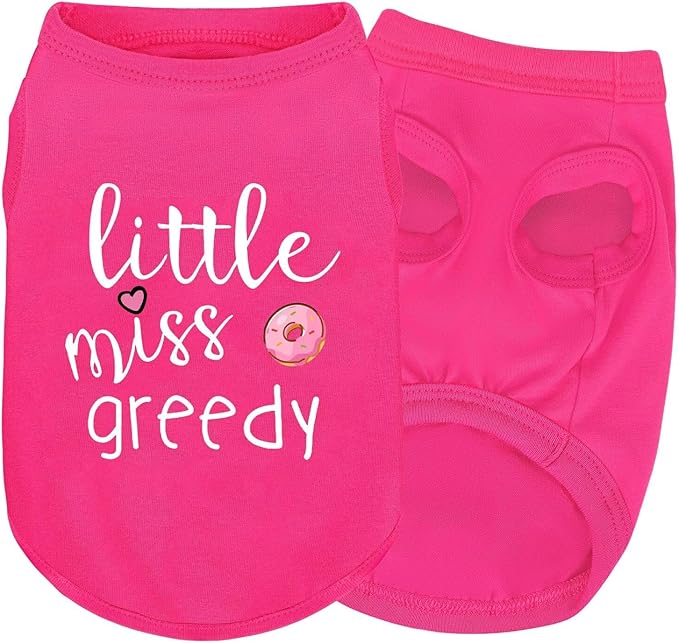 Pink Cotton Dog Shirt with 'Little Miss Greedy' Print, Soft & Breathable Pet Apparel for Small to Large Dogs, All-Season Sleeveless Vest, Cute and Comfortable Dog Outfit.Pink Donut XL