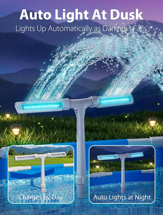 POOLHOUR 2026 Upgrade Height Solar Pool Fountain with 10-Color 4-Mode LED Lights, Auto Light-Sensing Pool Sprinkler Fountain for Above/Inground Pools, 360° Adjustable Spray for 8-16°F Cooling（White）