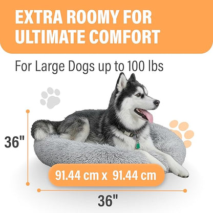 Active Pets Premium Large Donut Dog Bed, Fits Up to 100 lbs, Removable Cover & Washable Cushion, Plush Long Pile Faux Fur Fabric, Portable Dark Grey Pet Bed Furniture for Big Adult Canines & Cats