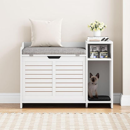 Cat Litter Box Enclosures Large Hidden Cat Litter Box Furniture Enclosure w/Top Opening Door, Wooden End Table Pet House w/Storage Shelf, Cushion & Mat, Dog Proof Design for Easy Cleaning