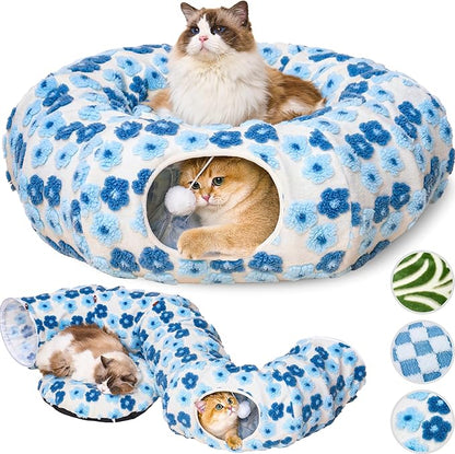 Meowfia Indoor Cat Tunnel with Donut Bed - Large Flexible Play Space for Multiple Pets - Circle or Snake Shape, Cozy Lounge (Blue Blossom)