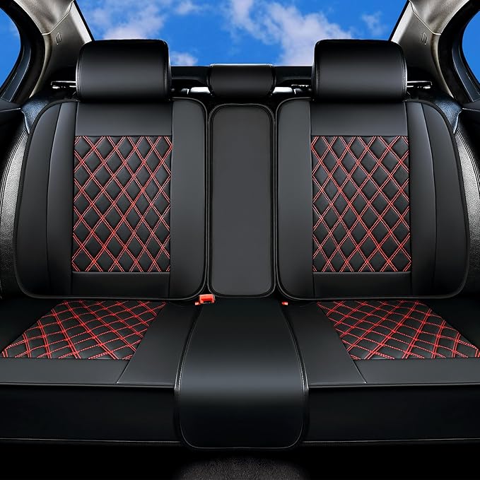 Huidasource Rear Bench Car Seat Covers, Split Back Leather Seat Cover Velcro Adjustable, Compatible with Armrests, Seat Belts, Child Safety Seats, Fit for Most Cars SUVs Trucks (Back Row/Black&Red)