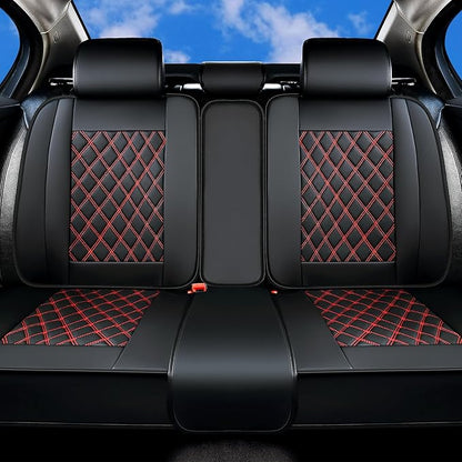 Huidasource Rear Bench Car Seat Covers, Split Back Leather Seat Cover Velcro Adjustable, Compatible with Armrests, Seat Belts, Child Safety Seats, Fit for Most Cars SUVs Trucks (Back Row/Black&Red)