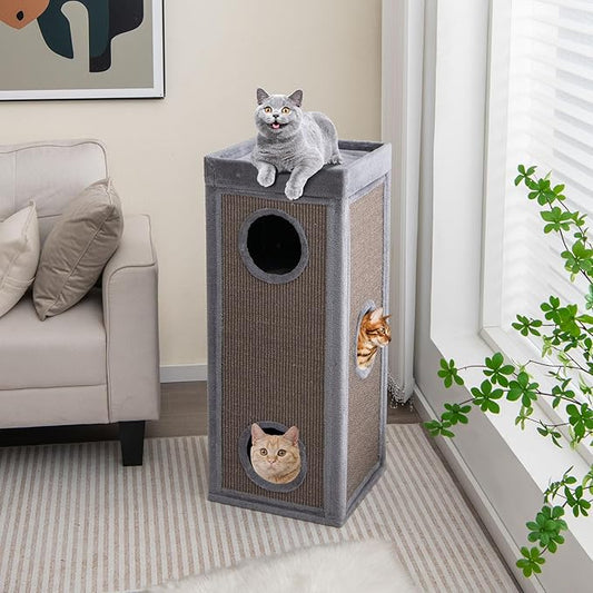 Tangkula 4 Story Cat Tree Condo, 39 Inch Multi-Layer Cat House with Sisal Scratch Pad, 3 Hideaways, Removable Soft Top Plush Bed, Barrel-Shaped Pet House Tower for Indoor Cats, Modern Cat Furniture