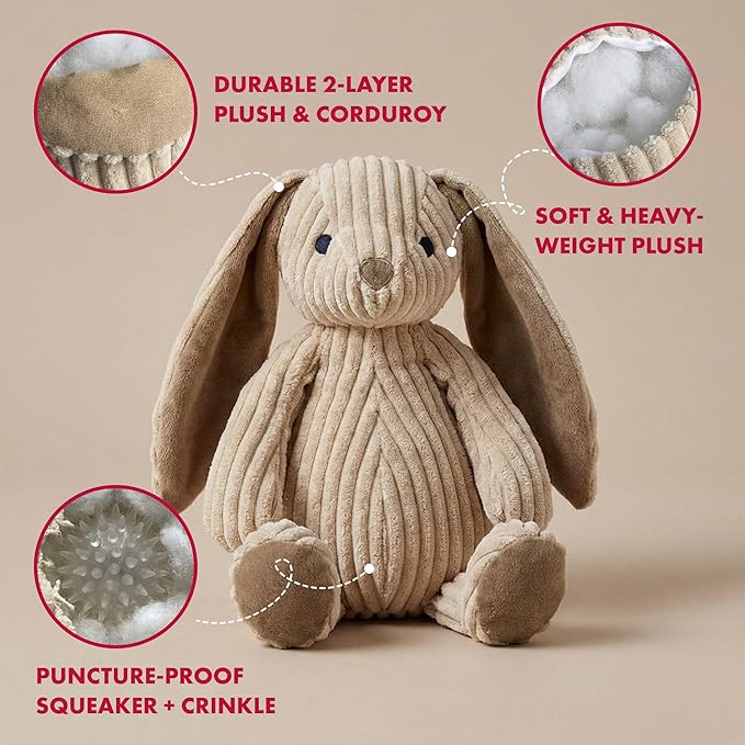 Pet Lou 15 Inch Rabbit Dog & Cat Plush Toy, Durable 2-Layer Corduroy Fabric with Puncture-Proof Squeaker & Crinkle Paper, Soft Heavy-Weight Plush Chew Toy