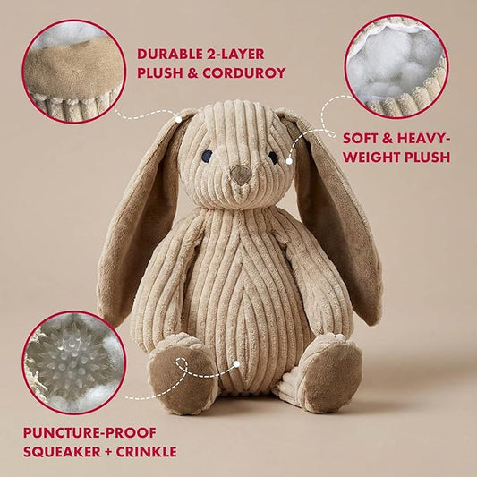 Pet Lou 15 Inch Rabbit Dog & Cat Plush Toy, Durable 2-Layer Corduroy Fabric with Puncture-Proof Squeaker & Crinkle Paper, Soft Heavy-Weight Plush Chew Toy