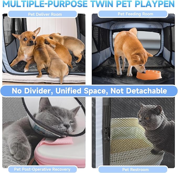 2-in-1 Dog Playpen, 46.5'' Pop Up Cat Puppy Pet Playpens Indoor/Outdoor Cats Enclosed, Cat Dog Tent Crate Cage Kennel, Portable Playpen for Kitten, Small Animals Play Pen(No Divider, Unified Space)