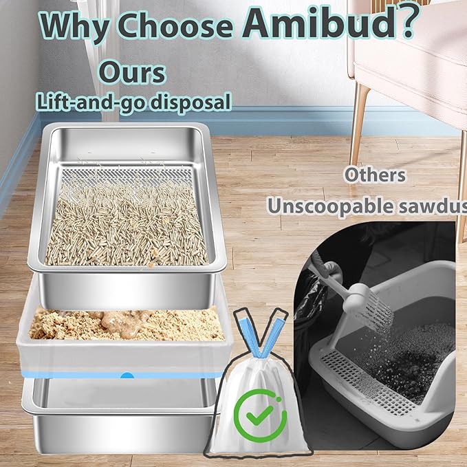 Stainless Steel Sifting Litter Box for Pine Pellets,Sifting Cat Litter Box for Wood Pellets,Extra Large Sifter Litter Pan System with Litte Liners and Scoop-20 ''Lx 13.8''W x 6''H